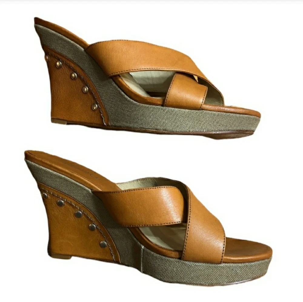 MICHAEL MICHAEL KORS Camel Cross Strap Leather & Canvas Wedges Size 7 EU…